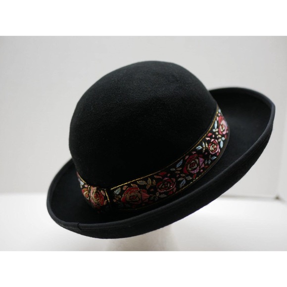 VTG Street Smart by Betmar Ladies Bowler Hat Black Floral 100% Wool Felt USA - Picture 9 of 13